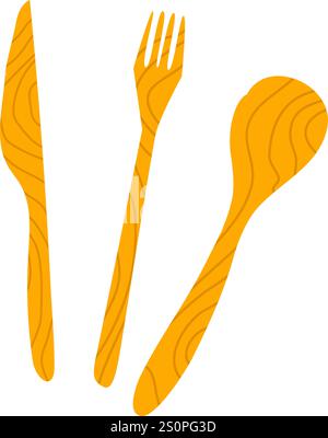 Cuillère en bois, fourchette et couteau composent un ensemble de couverts isolé sur fond blanc, idéal pour représenter la vaisselle durable et écologique Illustration de Vecteur