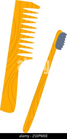Peigne à cheveux en bois respectueux de l'environnement et brosse à dents avec des poils gris reposant sur un fond blanc, soulignant les pratiques d'hygiène durable et Illustration de Vecteur