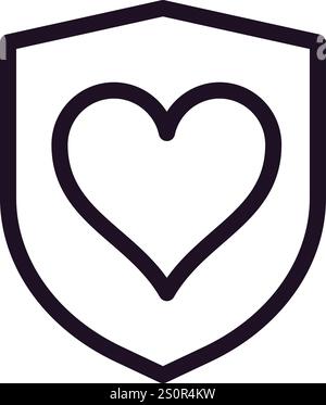 Dessin au trait simple représentant un bouclier protégeant un cœur, symbolisant la santé, la sécurité et le bien-être, parfait pour les visuels en médecine et en assurance Illustration de Vecteur