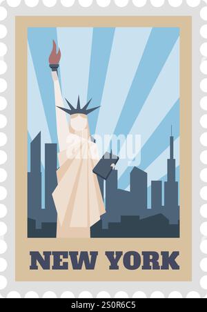 Timbre de carte postale vintage représentant la Statue de la liberté tenant une torche et une tablette avec l'horizon de New York en arrière-plan, célébrant le patriotisme américain Illustration de Vecteur
