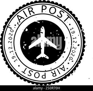 Timbre postal aérien rond représentant une silhouette d'avion au centre et la date 19122020, évoquant un sens du voyage et de la livraison par avion Illustration de Vecteur