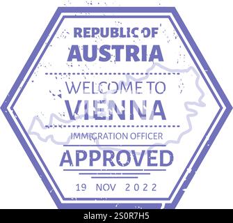 Timbre hexagonal d'immigration avec le contour de l'Autriche accueillant les touristes à Vienne avec un timbre approuvé de passeport émis par un agent d'immigration Illustration de Vecteur