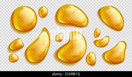 Gouttes d'huile ou de miel fixées isolées sur fond transparent. Illustration réaliste vectorielle de gouttelettes liquides jaunes abstraites avec des bulles d'air, sérum fo Illustration de Vecteur