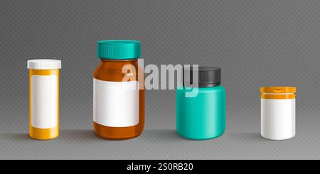 Bouteille en plastique pour pilules de COMPLEMENT. Maquette de pot de médecine blanc. maquette de vecteur blanc d'emballage de vitamine 3d. Boîte à capsules avec étiquette vide et couvercle. Realis clair Illustration de Vecteur