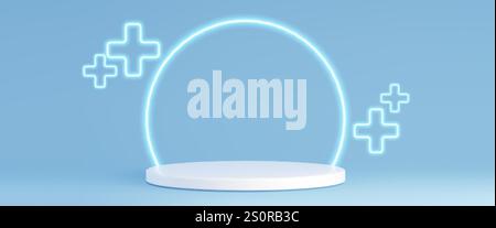 Podium cylindrique blanc 3d minimaliste avec arc de cercle néon lumineux et croix sur fond bleu clair. Médical plus symboles autour de la plate-forme. Santé c Illustration de Vecteur