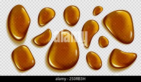 Gouttes de sérum marron isolées sur fond transparent. Illustration réaliste vectorielle de l'huile ou du miel, gouttelettes liquides jaunes abstraites avec des bulles, Illustration de Vecteur