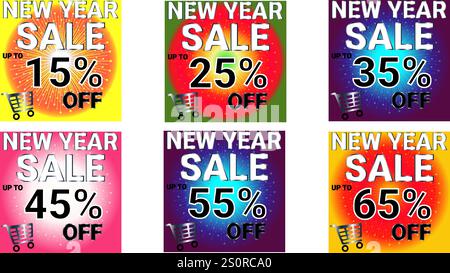 Solde du nouvel an jusqu'à 15 25 35 45 55 et 65 pour cent de rabais bannières ensemble de six avec plusieurs couleurs et étoile de soleil Illustration de Vecteur