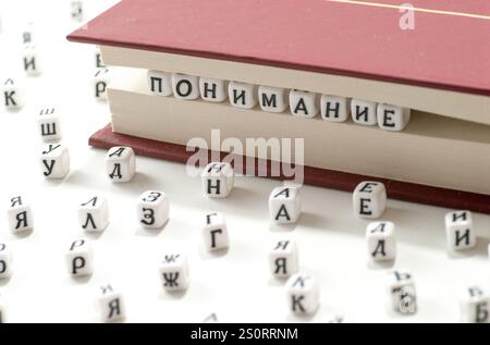 word understanding writ win lettres cyrilliques entre les feuilles de livre et les lettres cyrilliques dispersent sur fond blanc concept abstrait Banque D'Images