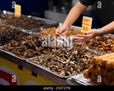 Grillons frits croustillants avec des feuilles de pandan sur un plateau sur une stalle avec divers insectes. Insectes frits dans un marché thaïlandais de nourriture de rue. Banque D'Images