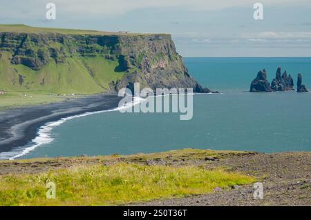 Les roches de Reynisdrangar vues de Dýrhólaey. Vik. Le sud de l'Islande Banque D'Images