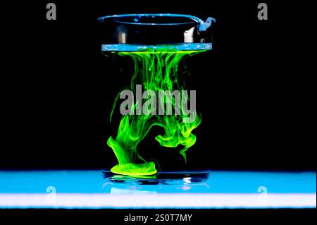 Dissolution et étalement d'une substance verte dans un flacon avec un liquide clair. Réaction chimique observée en laboratoire. Copyspace. Banque D'Images