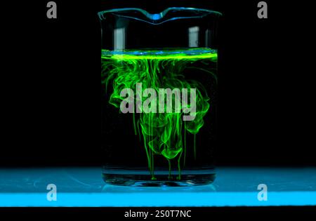 Dissolution et étalement d'une substance verte dans un flacon avec un liquide clair. Réaction chimique observée en laboratoire. Copyspace. Banque D'Images