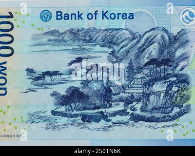 Portrait de Gyesangjeonggeodo, une peinture de Yi Hwang dans Dosan Seowon par Jeong Seon du Sud-coréen 1000 Won billet de banque. Banque D'Images