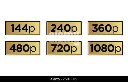 Icônes de résolution vidéo ou d'écran, chiffres noirs avec texte HD, QHD, ULTRA HD dans un rectangle doré Illustration de Vecteur