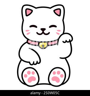 Mignon dessin animé blanc Maneki Neko, chat chanceux japonais. Kawaii assis Kitty dessin. Illustration vectorielle isolée. Illustration de Vecteur