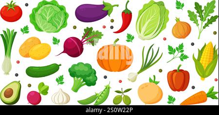 Ensemble de légumes colorés et d'icônes de salade. Style plat tendance dessiné à la main moderne. Nourriture végétarienne biologique. Tomate oignon aubergine poireau pommes de terre maïs poivre betterave concombre. Illustration vectorielle plate Illustration de Vecteur