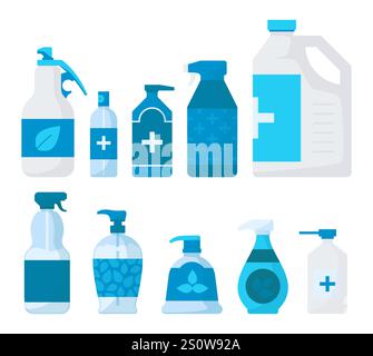 Désinfectez les bouteilles à la main. Différents gels antiseptiques et savons. Spray hygiénique antibactérien. Prévention virus et bactéries. Désinfectant désinfectant. Cleanin Illustration de Vecteur