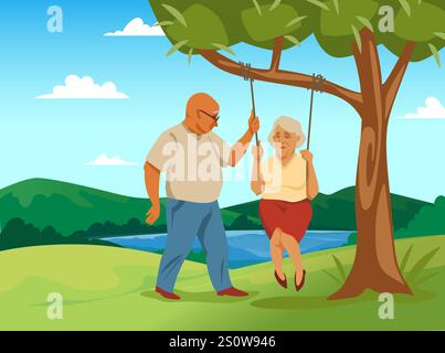 Paysage naturel. Couple de personnes âgées marchant ensemble dans le parc naturel. Grand-mère en balançoire. Loisirs des grands-parents. réunion homme et femme senior. Retraité f Illustration de Vecteur