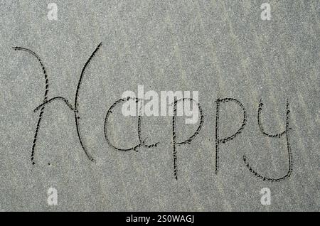 Message de bonheur écrit dans le sable de plage. Concept de joie, plaisir, heureux, et plaisir de vacances récréatives à la plage et dans la vie. Banque D'Images