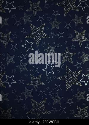 Étoiles de Noël brillantes sur fond bleu foncé, boîtes-cadeaux de motif de vacances festives décor de préparation du nouvel an Banque D'Images