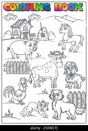 Coloriage noir et blanc avec divers animaux de ferme, une ferme et des clôtures, parfait pour les activités des enfants. Illustration de Vecteur