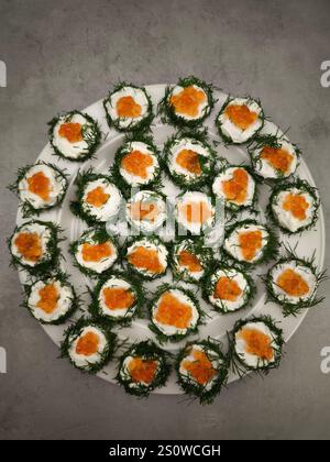 Délicieux canapés de noël avec caviar rouge et aneth sur plat blanc repas de fête pour l'apéritif, le dîner de la Saint Sylvestre, Noël ou anniversaire Banque D'Images