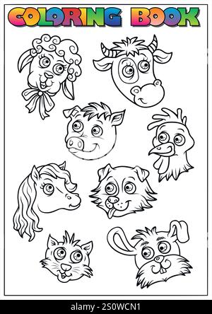 Coloriage avec ferme de dessin animé drôle et têtes d'animaux domestiques, parfait pour les activités des enfants. Illustration de Vecteur