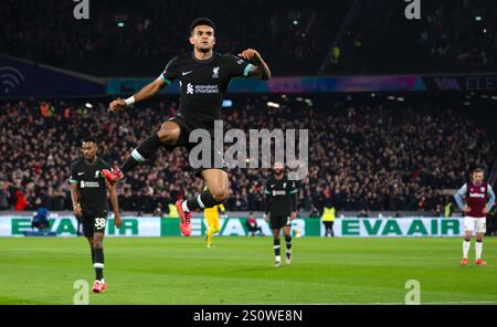 Londres, Royaume-Uni. 29 décembre 2024. Luis Diaz de Liverpool célèbre après avoir marqué le 1er but de son équipe. Premier League match, West Ham Utd contre Liverpool au stade de Londres, Queen Elizabeth Olympic Park à Londres le dimanche 29 décembre 2024. Cette image ne peut être utilisée qu'à des fins éditoriales. Usage éditorial exclusif photo par Sandra Mailer/Andrew Orchard photographie sportive/Alamy Live News crédit : Andrew Orchard photographie sportive/Alamy Live News Banque D'Images