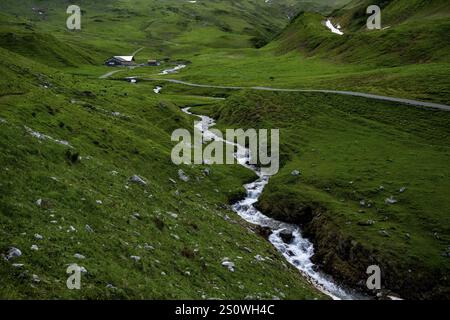 Ruisseau dans la prairie de montagne verte avec cabane alpine, Lech, Lechquellengebirge, Vorarlberg, Autriche, Europe Banque D'Images