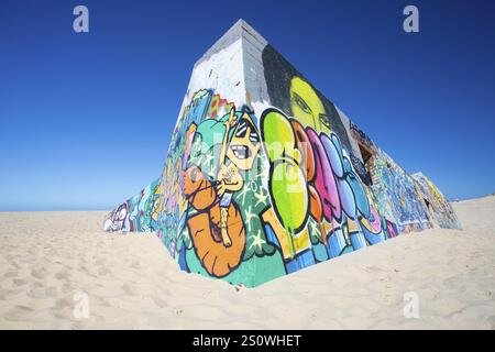 Bunker sur la plage, lege-Cap Ferret, France, graffiti, Europe Banque D'Images