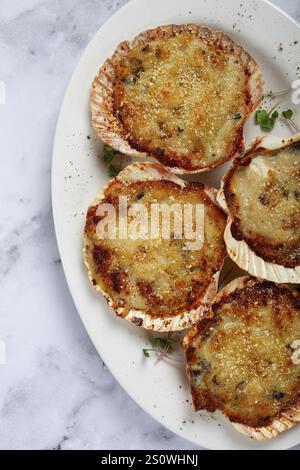 Coquilles Saint-Jacques, farcies, cuites au four avec du fromage, au four, julienne avec des coquilles Saint-Jacques Banque D'Images