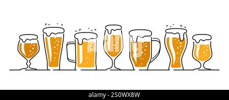 Bière sombre et légère dans des verres de différentes formes. Ensemble de boissons alcoolisées. Pub, illustration vectorielle de concept de brasserie Illustration de Vecteur