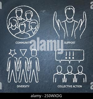 Jeu d'icônes de tableau de surveillance de la communauté. Travail d'équipe et coopération, soutien, action collective, tolérance. Illustration vectorielle Illustration de Vecteur