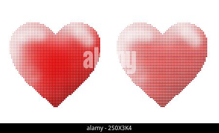 Deux coeurs demi-teintes rouges sur fond blanc. L'un est fait de points, l'autre de petits coeurs. Symbole de l'amour et de la Saint-Valentin. Deux coeurs vibrants. Banque D'Images