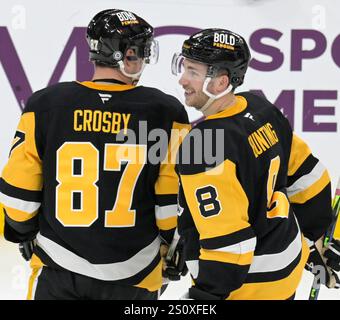 Pittsburgh, États-Unis. 29 décembre 2024. Michael Bunting (8 ans), l'aile gauche des Penguins de Pittsburgh, célèbre son but avec le centre des Penguins de Pittsburgh Sidney Crosby (87 ans) lors de la deuxième période contre les Islanders de New York au PPG Paints Arena de Pittsburgh le dimanche 29 décembre 2024. Le centre des Penguins de Pittsburgh Sidney Crosby (87) a enregistré sa 1034e aide, dépassant Mario Lemieux. Photo par Archie Carpenter/UPI. Crédit : UPI/Alamy Live News Banque D'Images