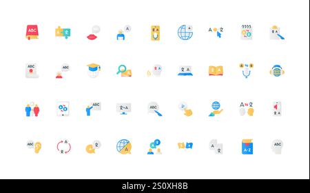 Apprentissage de la langue étrangère, livre et service pour traduire le texte, vocabulaire glossaire, jeu d'icônes de couleur de dictionnaire. Parlez et écoutez dans le dialogue international, illustration vectorielle d'éléments plats de traduction Illustration de Vecteur