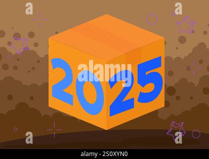 Numéro 2025 avec boîte en carton. Illustration de boîte de carte pliée de dessin animé vectoriel. Illustration de Vecteur