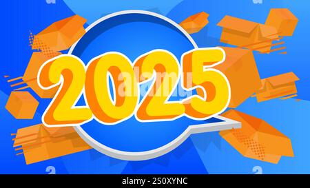 Numéro 2025 avec boîte en carton. Illustration de boîte de carte pliée de dessin animé vectoriel. Illustration de Vecteur