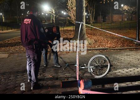 Crown Heights, Brooklyn, États-Unis. 29 décembre 2024. NYPD ECT traite des preuves sur les lieux où un garçon de 16 ans a été répertorié dans un état critique mais stable après avoir été poignardé plusieurs fois vers 19h00 dimanche soir à Lincoln Terrace/Arthur S. Somers Park sur Rochester Avenue et Carroll Street dans le quartier Crown Heights de Brooklyn. Aucun suspect n'est actuellement en détention, l'équipe de collecte des preuves du NYPD a traité la scène. (Photo de Kyle Mazza/SOPA images/SIPA USA) crédit : SIPA USA/Alamy Live News Banque D'Images