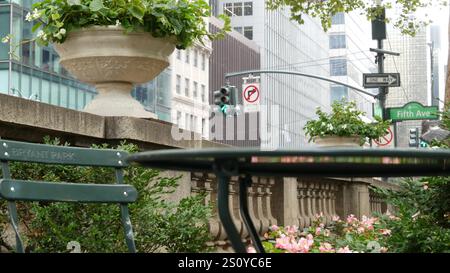 Cinquième avenue, panneau routier 5 Ave, Manhattan Midtown architecture, New York City 5th av, 42 Street green corner près de Bryant Park et Library. Signalisation de carrefour États-Unis. Chaise et table, banc métallique Banque D'Images