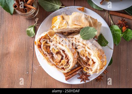 Strudel de pomme d'automne parfumé maison avec pommes caramélisées, raisins secs, noix, miel, épices de cannelle, sur l'assiette sur la table de cuisine copier l'espace Banque D'Images