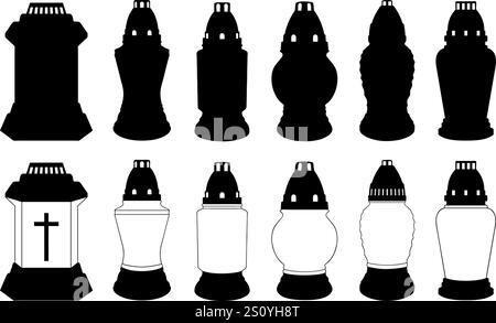 Collage de différentes bougies commémoratives de cimetière isolées sur fond blanc Illustration de Vecteur