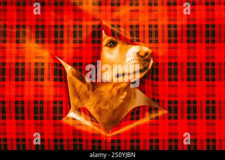 Golden retriever jetant un coup d'œil à travers le papier d'emballage Banque D'Images
