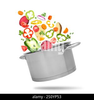 Légumes pour soupe et pot dans l'air sur fond blanc Banque D'Images