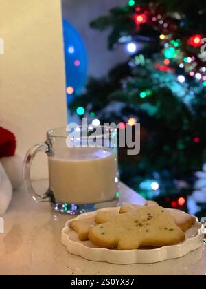 Un verre de lait avec des biscuits sur une assiette représentant le Père Noël, fond flou avec un sapin de Noël et des lumières Banque D'Images