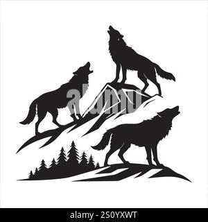 Wolves pack Howling silhouettes illustrations vectorielles eps 10 fichier entièrement éditable de haute qualité sur un fond blanc. Illustration de Vecteur