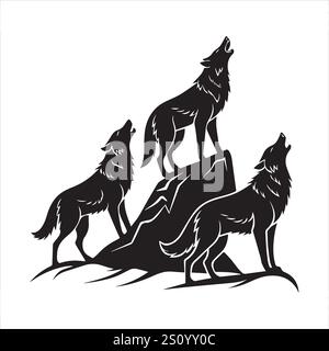 Wolves pack Howling silhouettes illustrations vectorielles eps 10 fichier entièrement éditable de haute qualité sur un fond blanc. Illustration de Vecteur