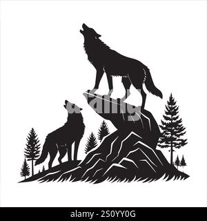 Wolves pack Howling silhouettes illustrations vectorielles eps 10 fichier entièrement éditable de haute qualité sur un fond blanc. Illustration de Vecteur