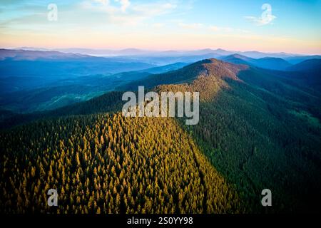 Vue aérienne de la montagne forestière ensoleillée avec de longues ombres projetant sur des arbres verdoyants. Horizon s'étend aux montagnes lointaines sous un ciel bleu clair, créant un paysage serein et expansif. Banque D'Images