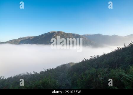 Un matin ensoleillé et lumineux sur Loughrigg est tombé avec une inversion de nuages créant une couche de brume sous les puits dans cet emplacement Lake District. Banque D'Images